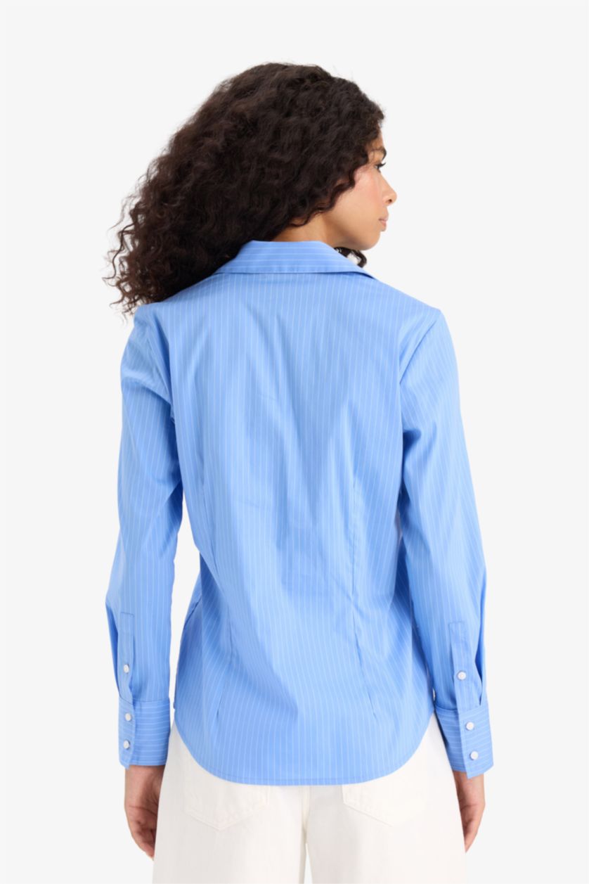 Женщины Голубрй Рубашка в полоску с длинным рукавом, облегающая посадка