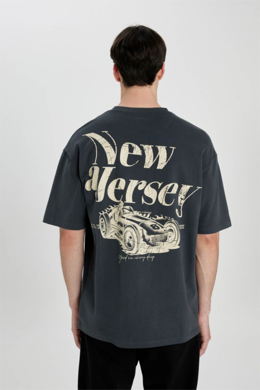 Erkek Antrasit Comfort Regular Fit Rahat Kalıp Bisiklet Yaka Sırt Baskılı Kısa Kollu Tişört