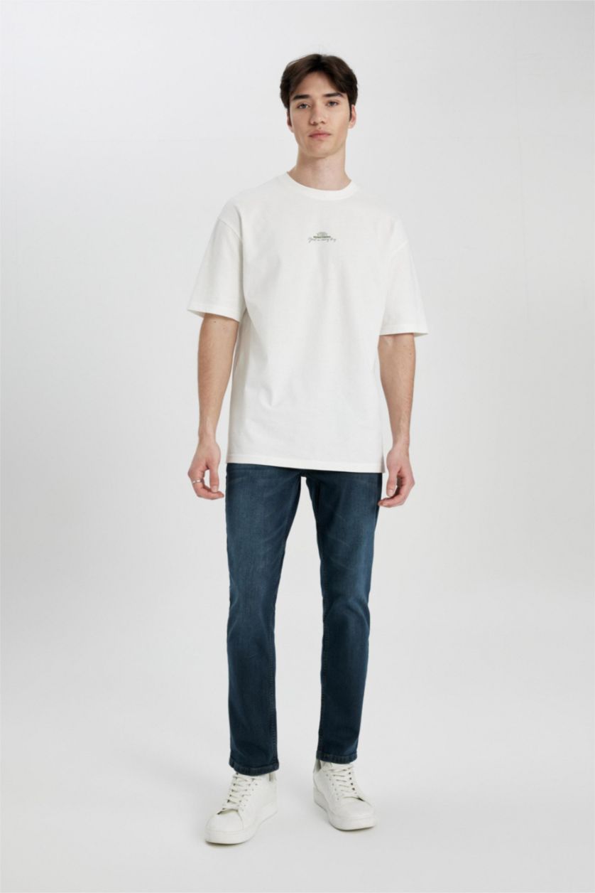 Man Ecru Comfort Fit Printed Short Sleeve T-Shirt