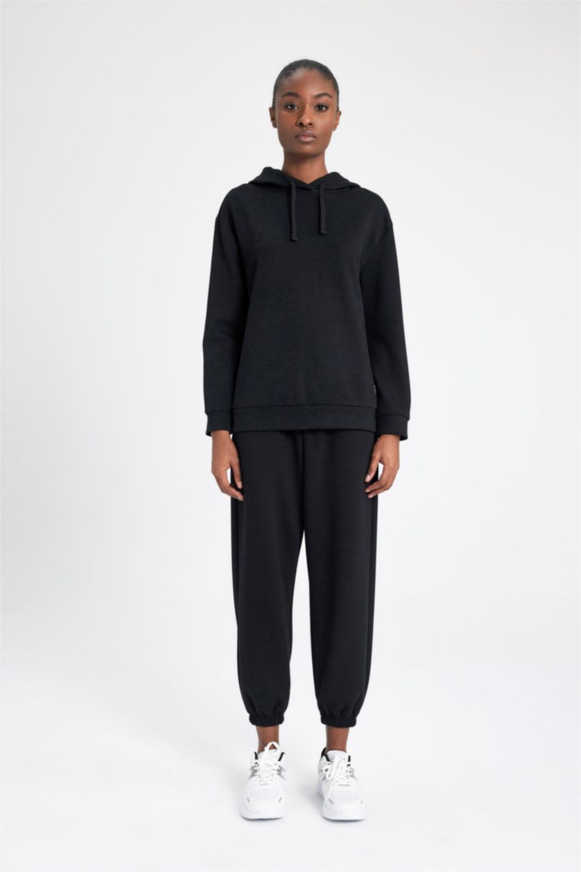 نساء أسود سويت شيرت بطبعة شعار بغطاء للرأس