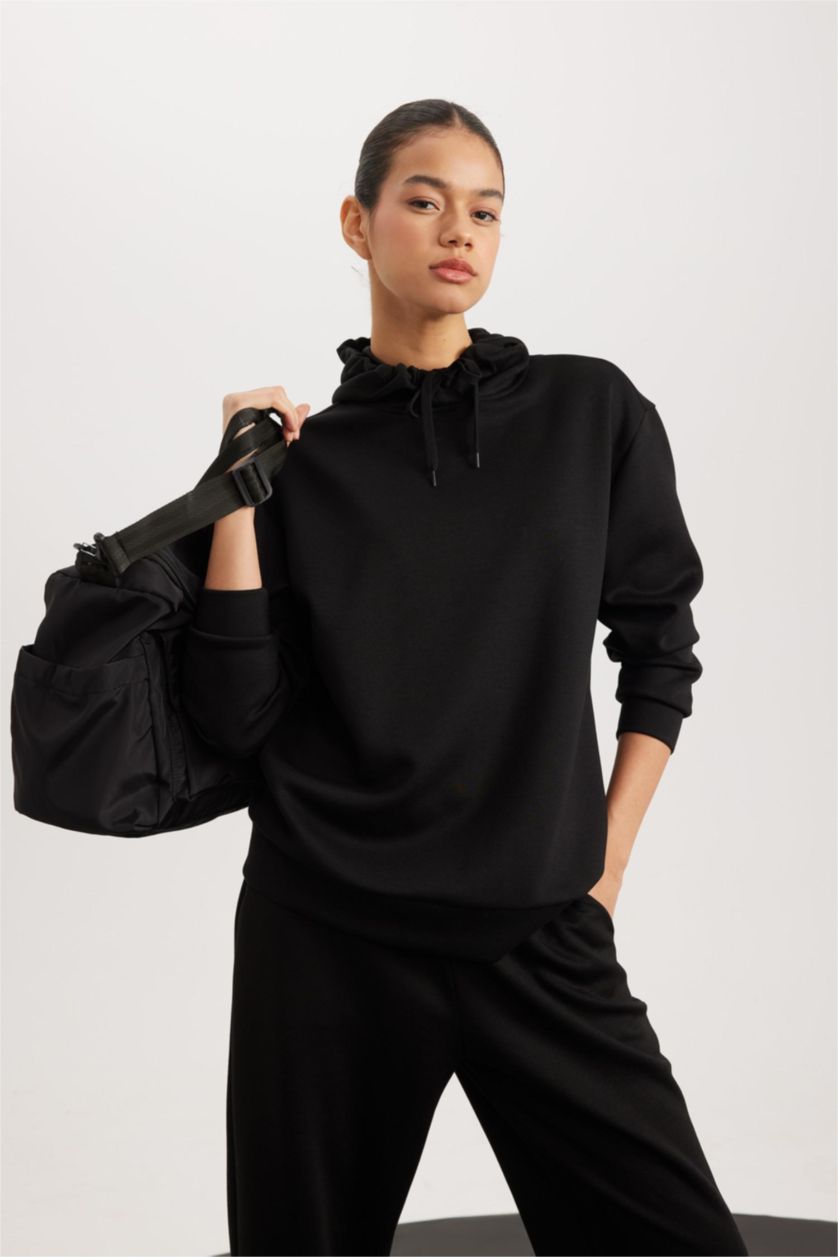 نساء أسود سويت شيرت بطبعة شعار بغطاء للرأس