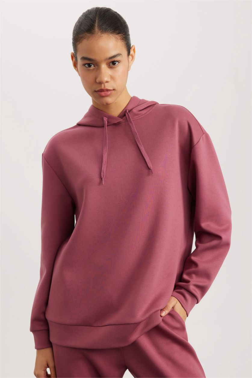 WOMAN Dark Rose DeFactoFit Standard Fit Hooded Belt Printed Skuba Diving Fabric Sweatshirt