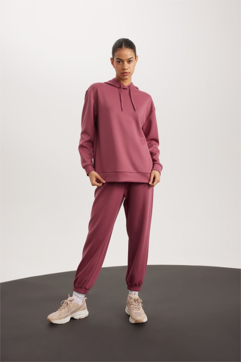 WOMAN Dark Rose DeFactoFit Standard Fit Hooded Belt Printed Skuba Diving Fabric Sweatshirt