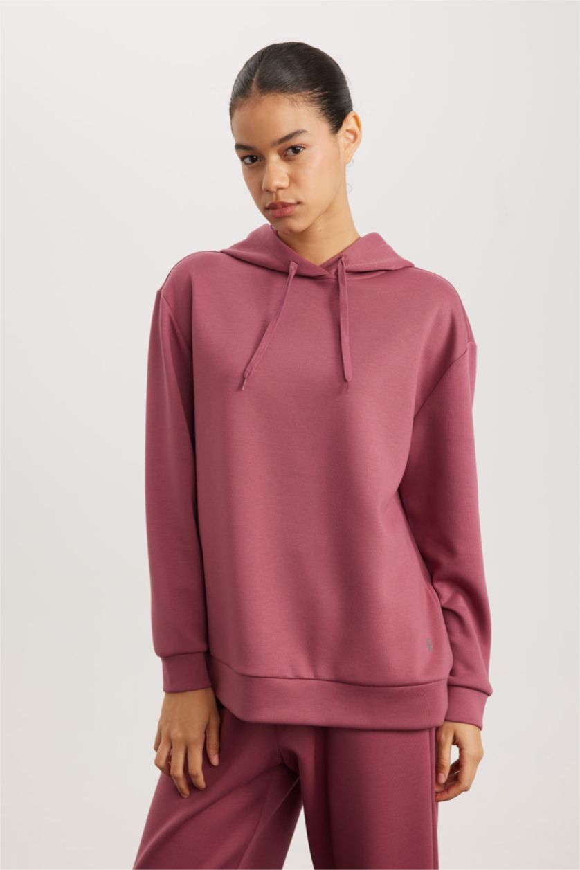 WOMAN Dark Rose DeFactoFit Standard Fit Hooded Belt Printed Skuba Diving Fabric Sweatshirt