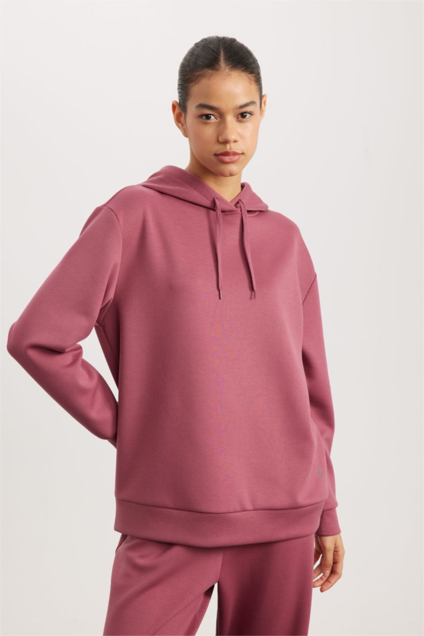 WOMAN Dark Rose DeFactoFit Standard Fit Hooded Belt Printed Skuba Diving Fabric Sweatshirt