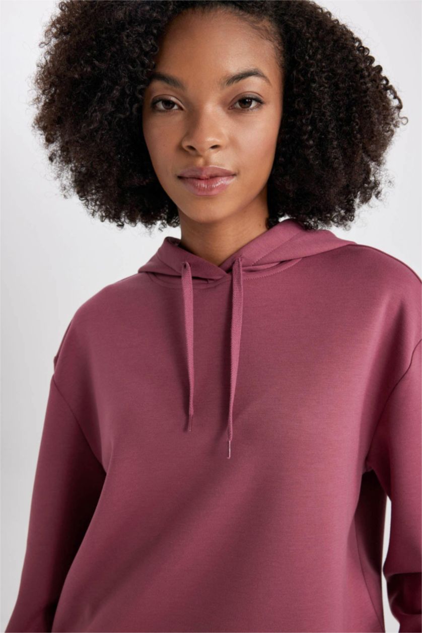 WOMAN Dark Rose DeFactoFit Standard Fit Hooded Belt Printed Skuba Diving Fabric Sweatshirt