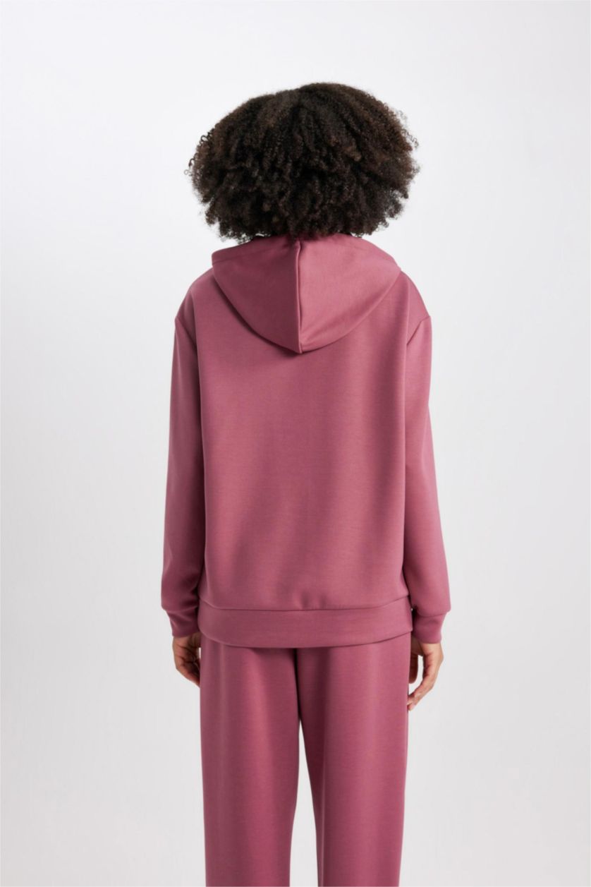 WOMAN Dark Rose DeFactoFit Standard Fit Hooded Belt Printed Skuba Diving Fabric Sweatshirt