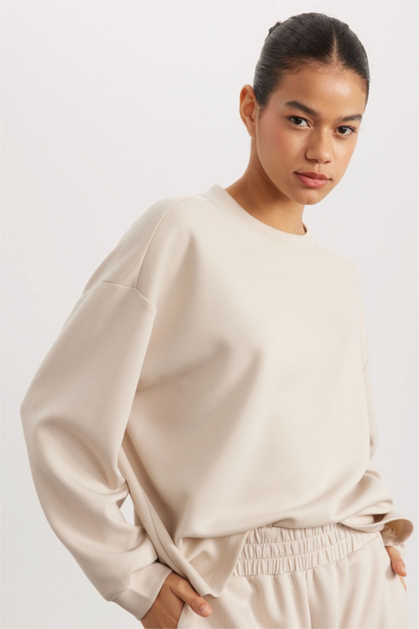 Kadın Kum DeFactoFit Oversize Geniş Kalıp Bisiklet Yaka Basic Düz Skuba Dalgıç Kumaş Sporcu Sweatshirt