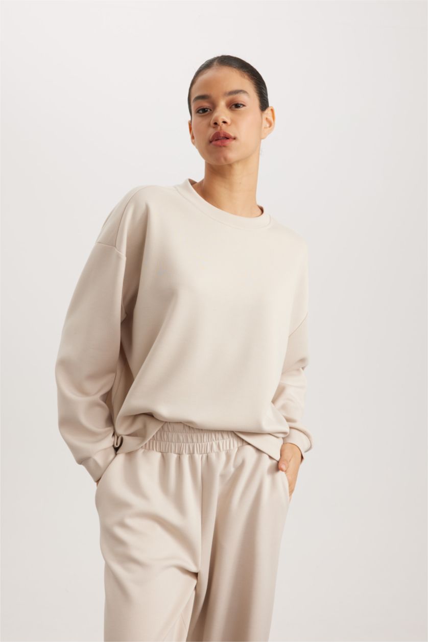 Kadın Kum DeFactoFit Oversize Geniş Kalıp Bisiklet Yaka Basic Düz Skuba Dalgıç Kumaş Sporcu Sweatshirt