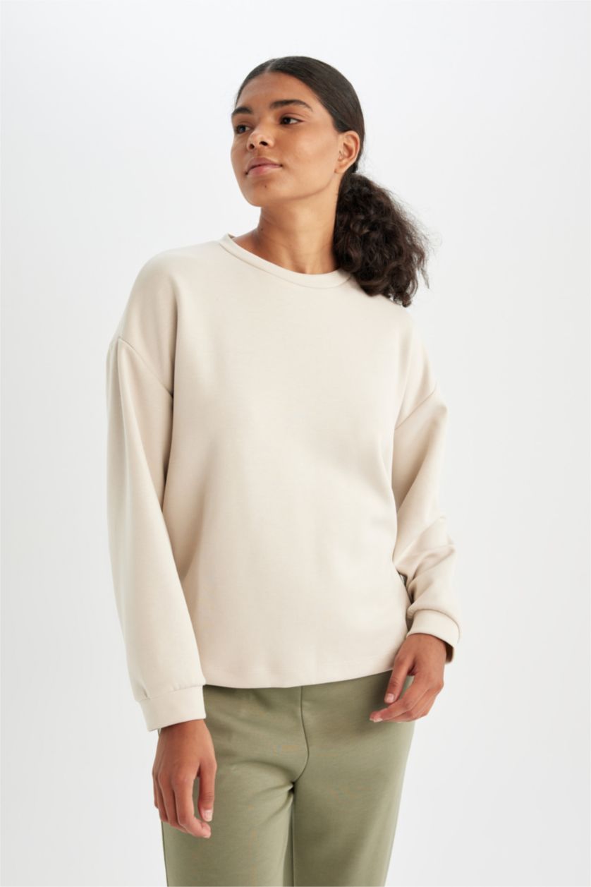 Kadın Kum DeFactoFit Oversize Geniş Kalıp Bisiklet Yaka Basic Düz Skuba Dalgıç Kumaş Sporcu Sweatshirt