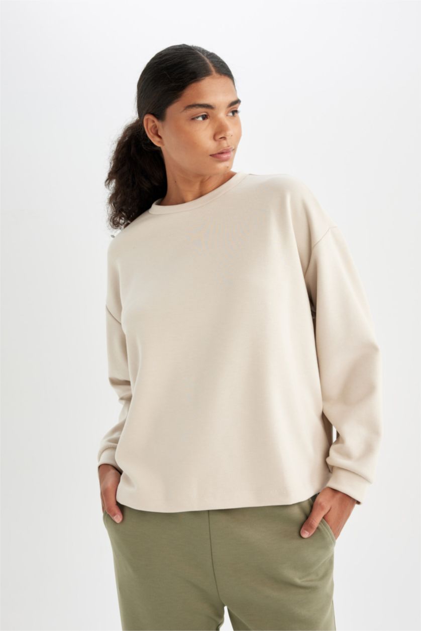 Kadın Kum DeFactoFit Oversize Geniş Kalıp Bisiklet Yaka Basic Düz Skuba Dalgıç Kumaş Sporcu Sweatshirt