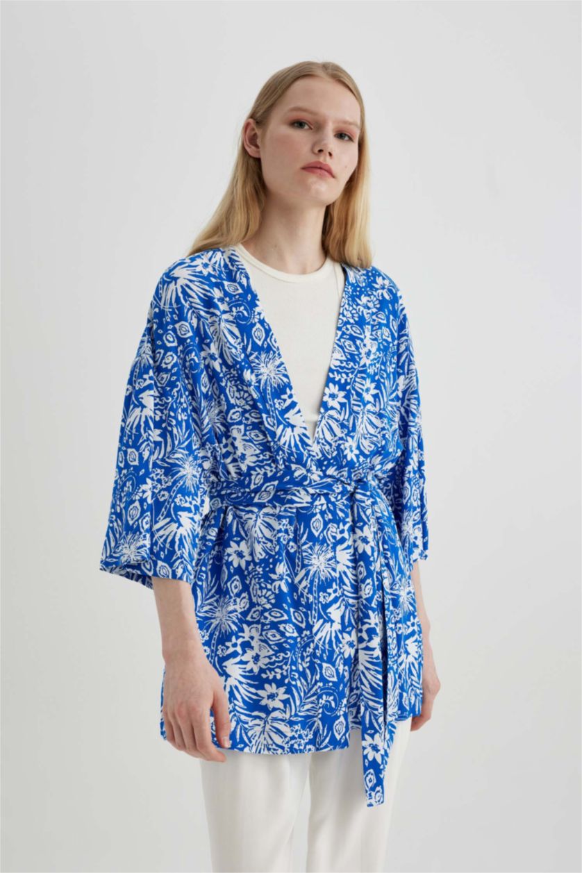 Woman Blue Oversize Fit Shawl Collar Long Sleeve Blouse