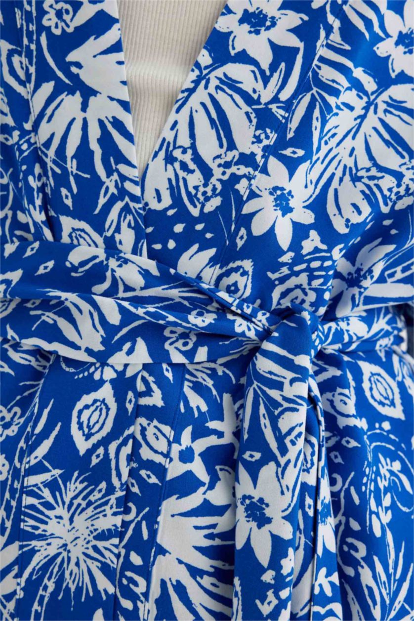 Woman Blue Oversize Fit Shawl Collar Long Sleeve Blouse