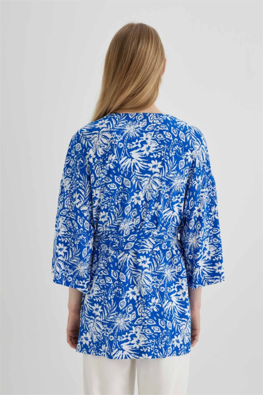 Woman Blue Oversize Fit Shawl Collar Long Sleeve Blouse