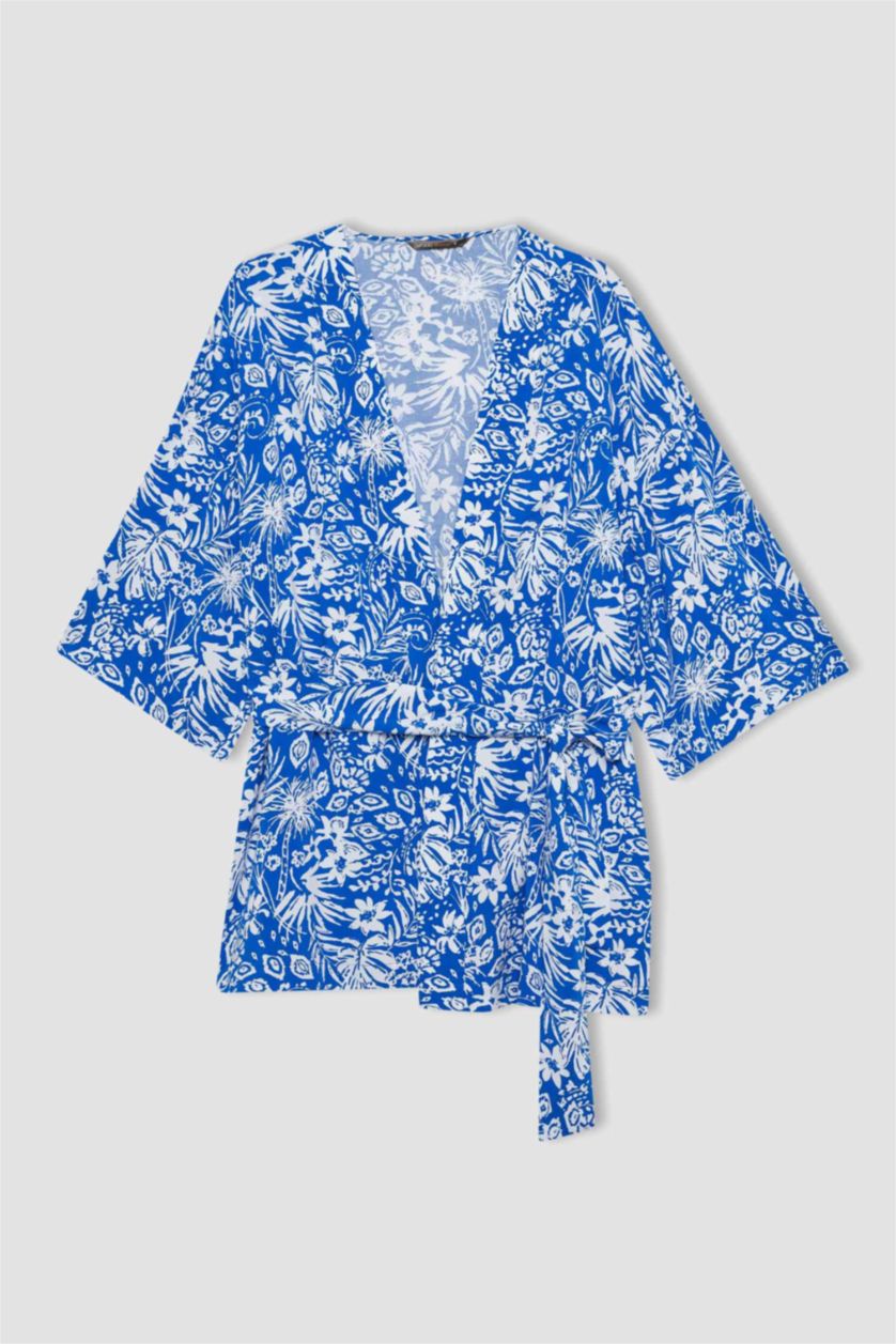 Woman Blue Oversize Fit Shawl Collar Long Sleeve Blouse