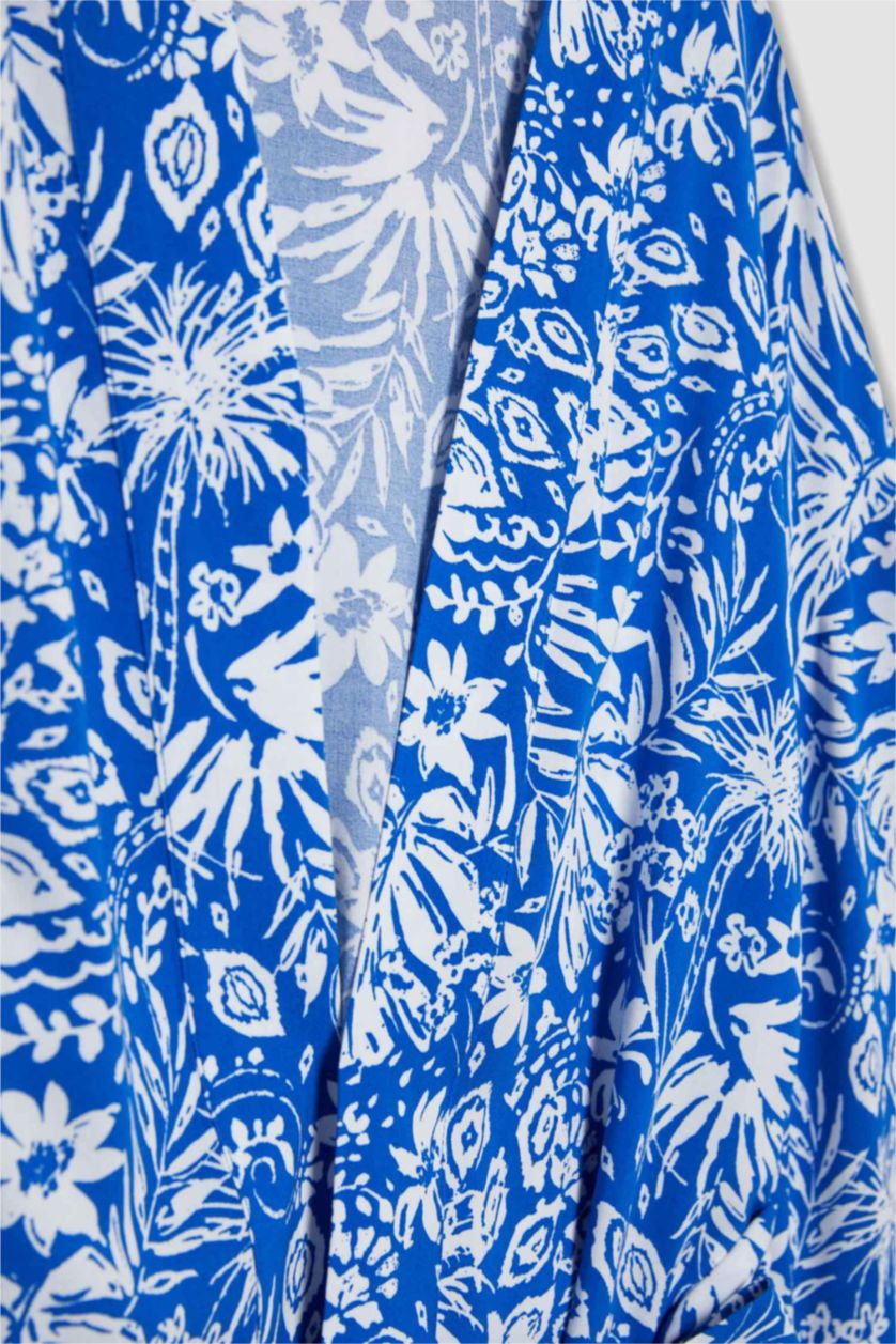 Woman Blue Oversize Fit Shawl Collar Long Sleeve Blouse