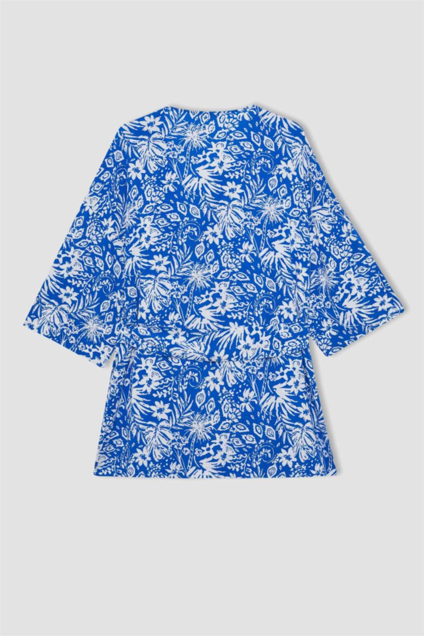 Woman Blue Oversize Fit Shawl Collar Long Sleeve Blouse