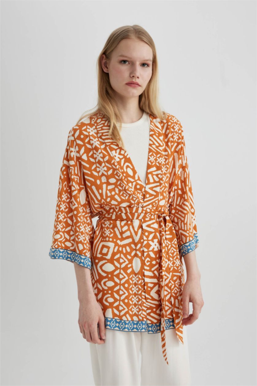 Woman Orange Oversize Fit Shawl Collar Long Sleeve Blouse