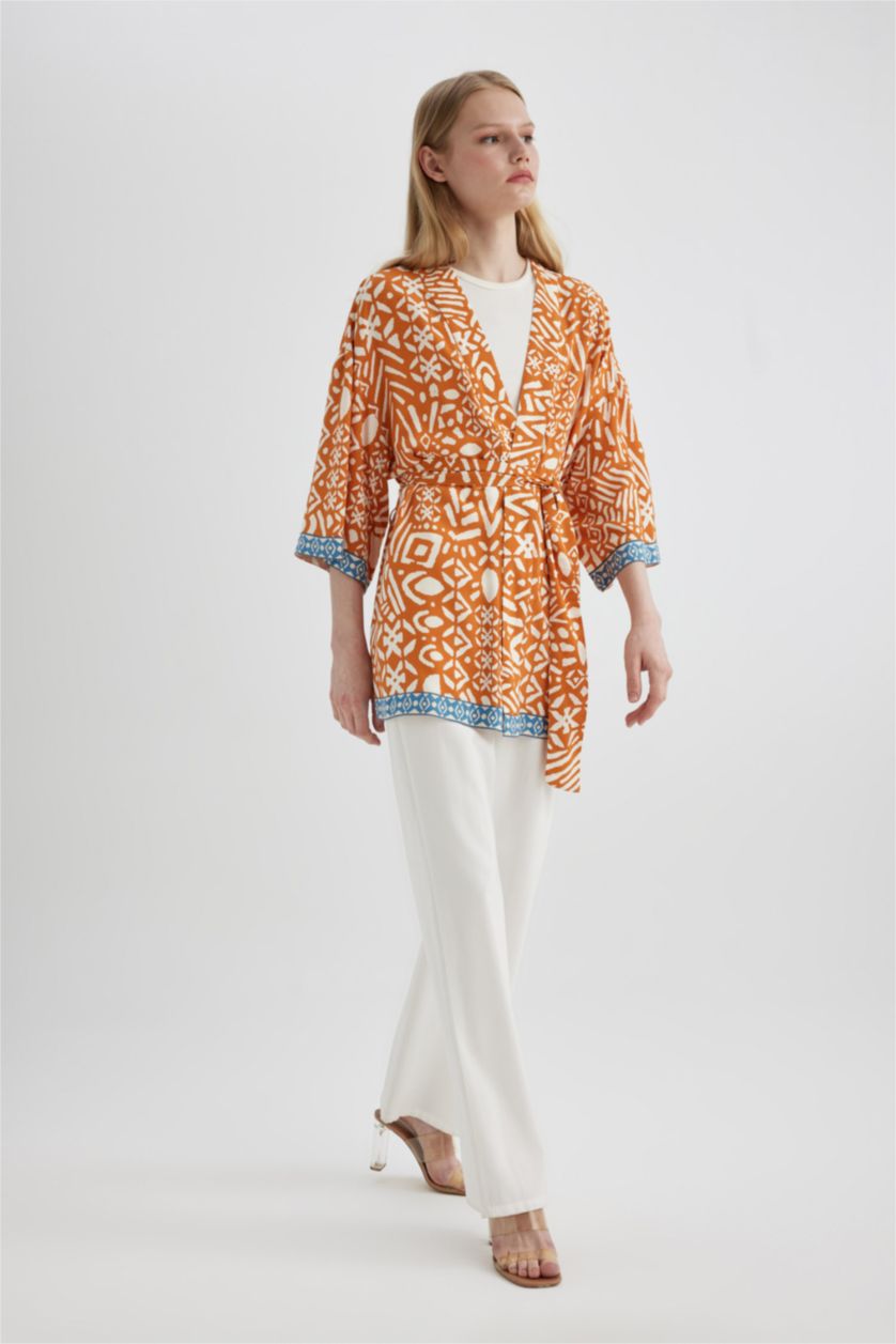 Woman Orange Oversize Fit Shawl Collar Long Sleeve Blouse