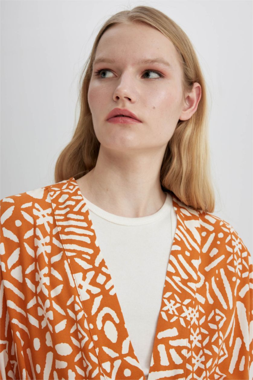 Woman Orange Oversize Fit Shawl Collar Long Sleeve Blouse