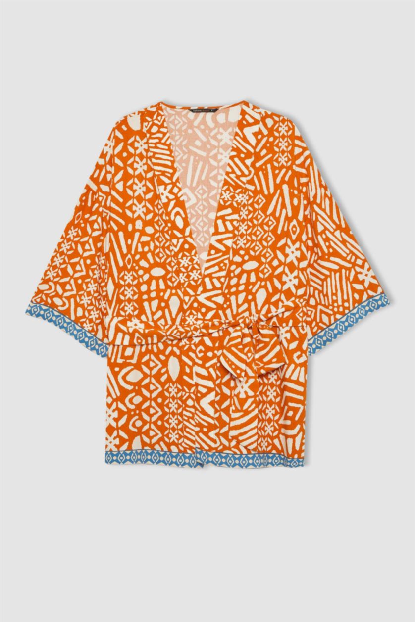 Woman Orange Oversize Fit Shawl Collar Long Sleeve Blouse