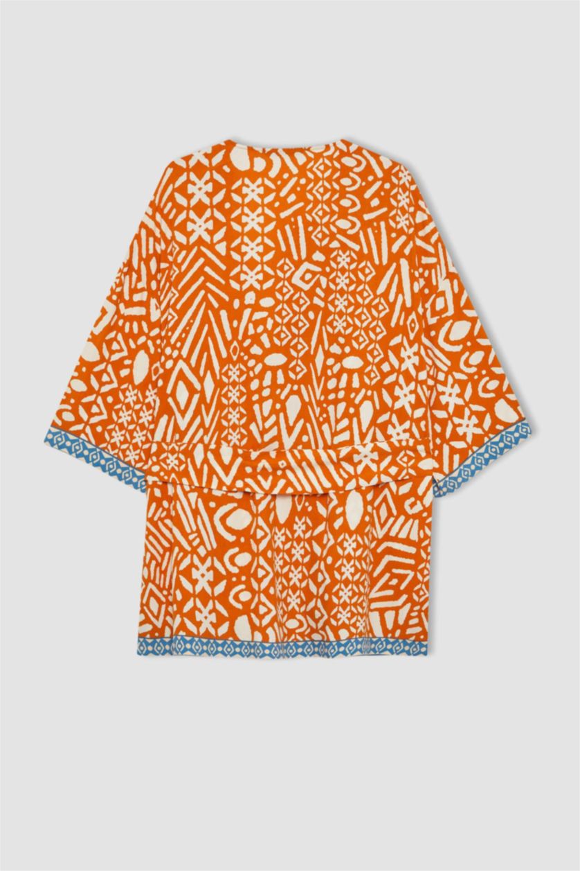 Woman Orange Oversize Fit Shawl Collar Long Sleeve Blouse