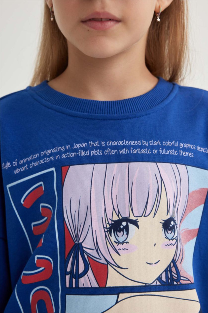 بناتي أزرق غامق سويت شيرت بناتي قصة مريحة