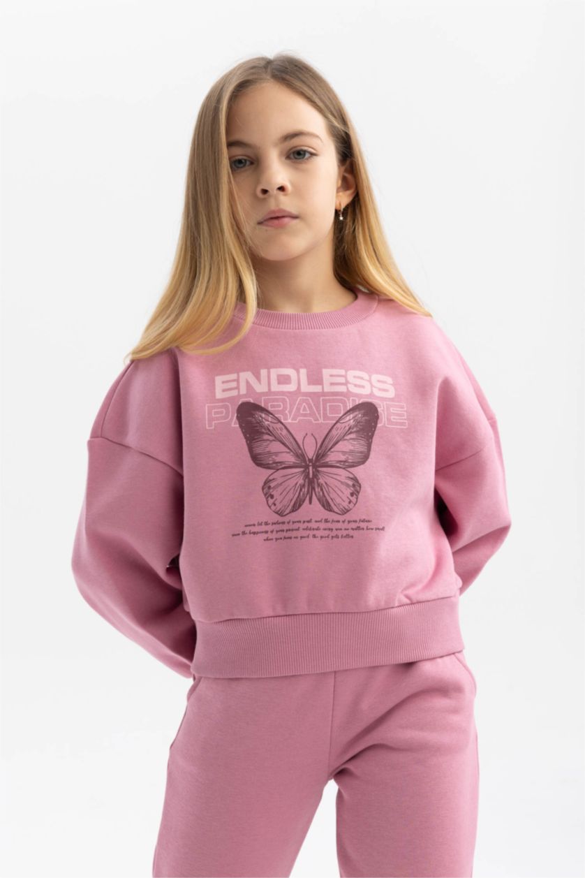 Kız Çocuk - Genç Kız Gülkurusu Kız Çocuk Relax Fit Bisiklet Yaka Baskılı Kalın Sweatshirt