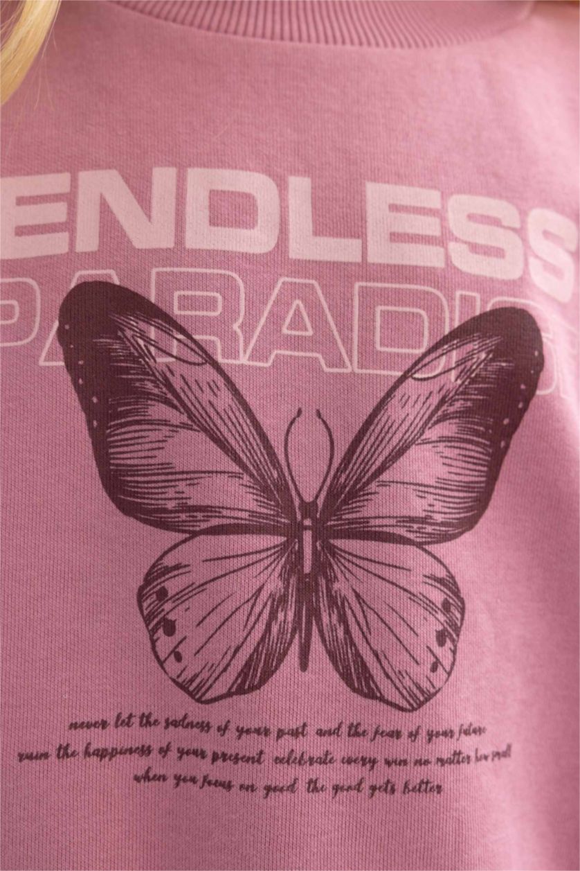 Kız Çocuk - Genç Kız Gülkurusu Kız Çocuk Relax Fit Bisiklet Yaka Baskılı Kalın Sweatshirt