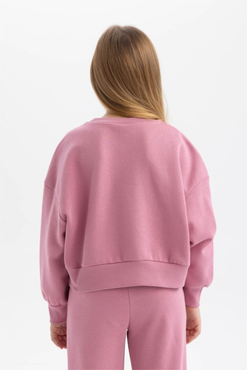 Kız Çocuk - Genç Kız Gülkurusu Kız Çocuk Relax Fit Bisiklet Yaka Baskılı Kalın Sweatshirt