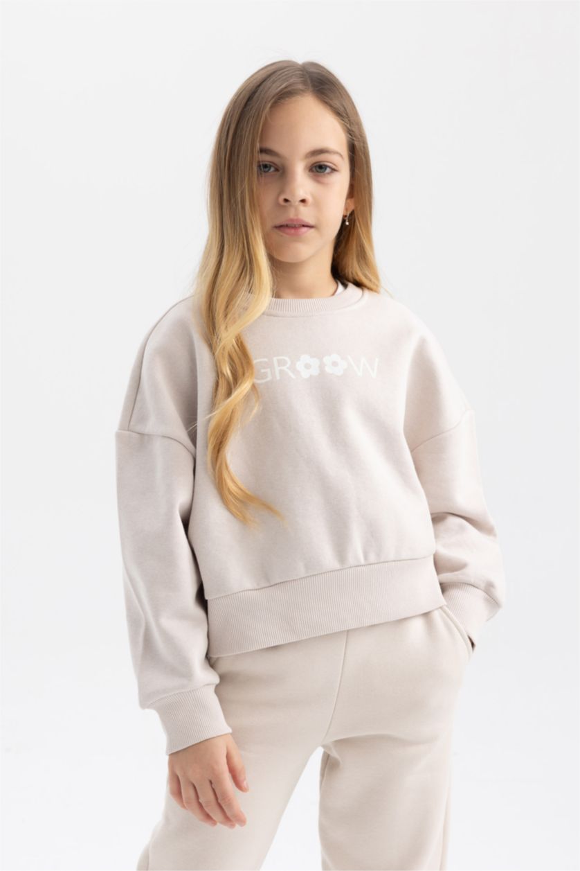 بنات رمادي فاتح سويت شيرت بناتي قصة مريحة قماش سميك