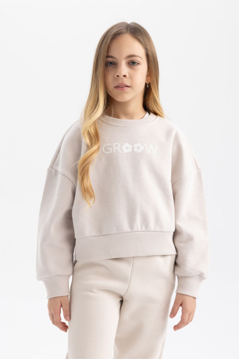 بنات رمادي فاتح سويت شيرت بناتي قصة مريحة قماش سميك