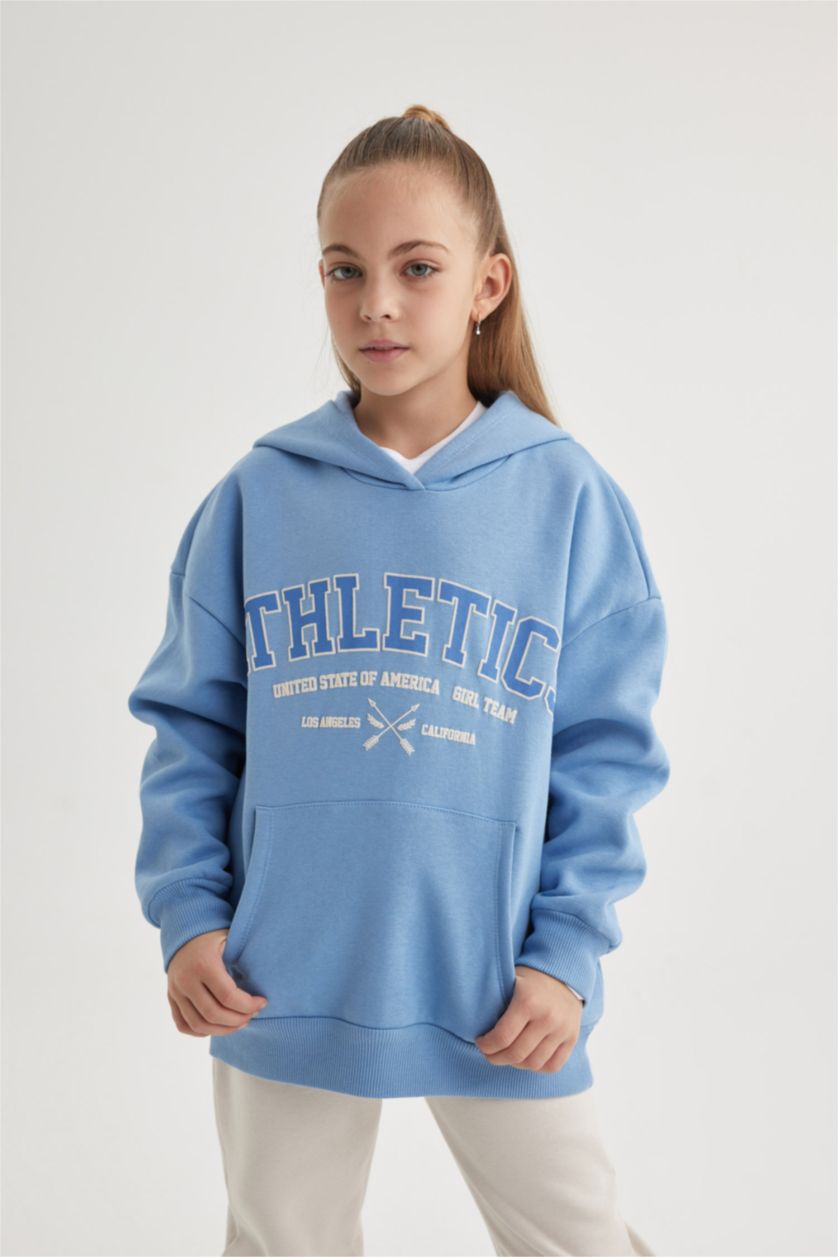 GIRLS & TEENS Blue Girl Oversize Fit Hooded Thick Sweatshirt with Soft Fuzzy Inside