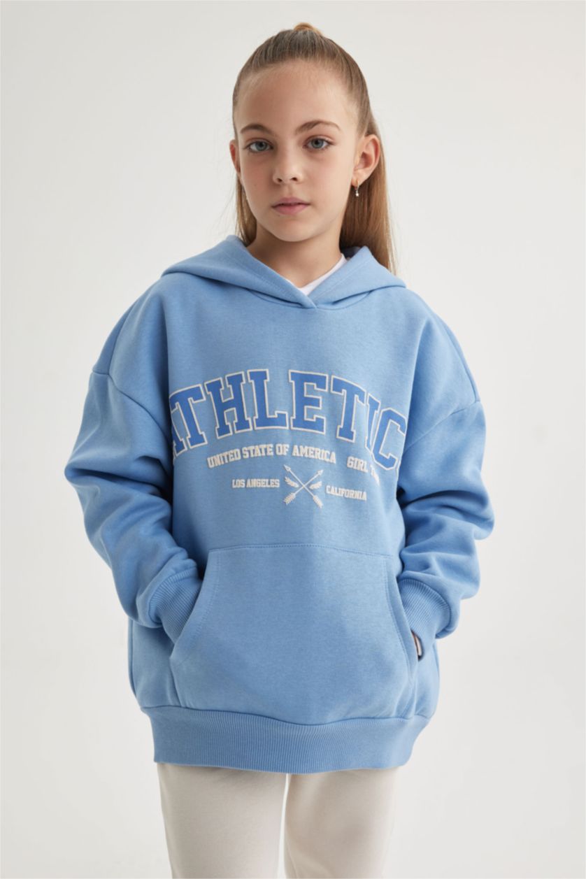 GIRLS & TEENS Blue Girl Oversize Fit Hooded Thick Sweatshirt with Soft Fuzzy Inside