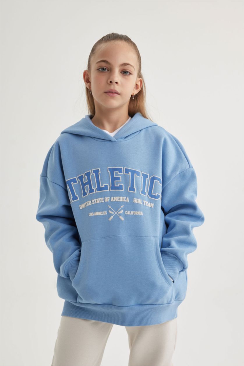 GIRLS & TEENS Blue Girl Oversize Fit Hooded Thick Sweatshirt with Soft Fuzzy Inside