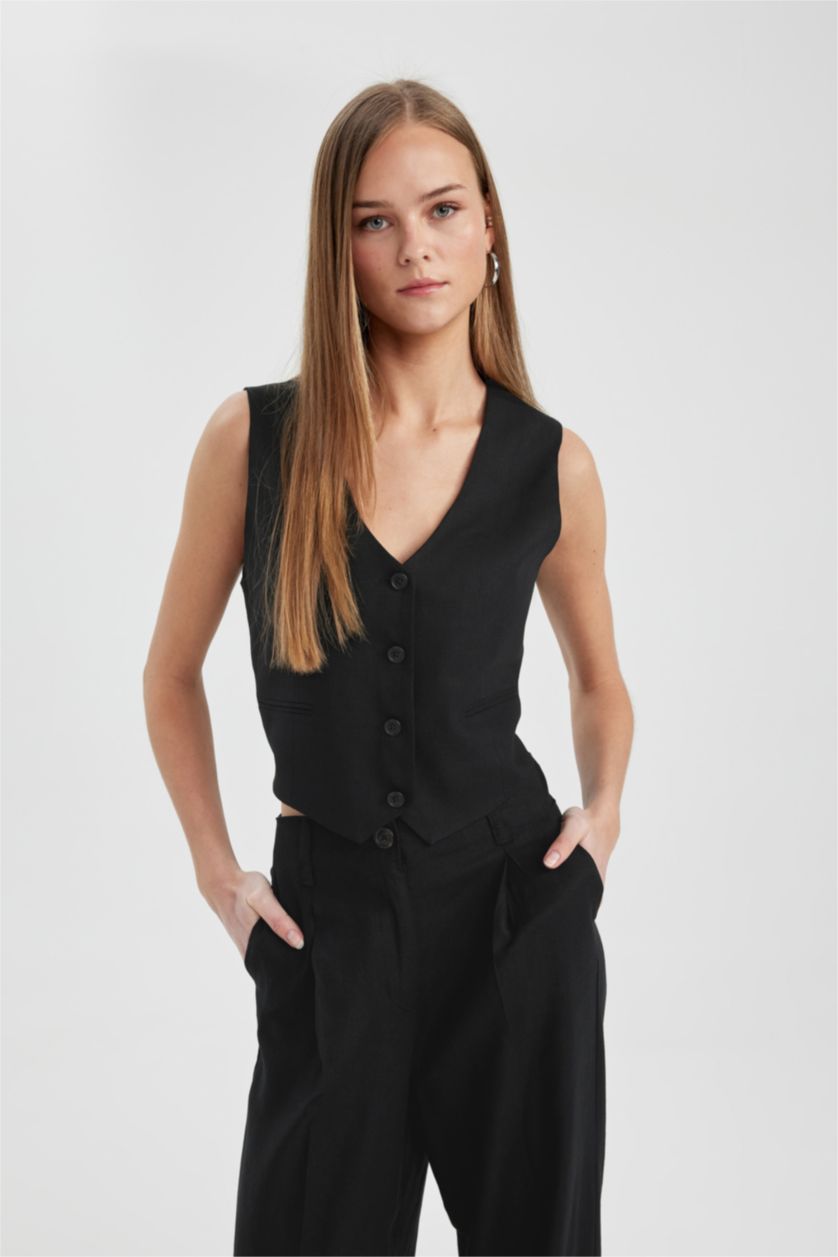 WOMAN Black Regular Fit Linen Blend Vest