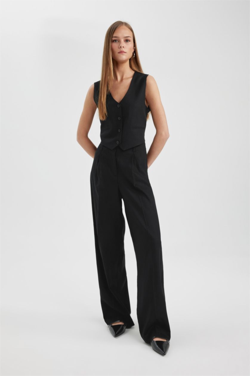 WOMAN Black Regular Fit Linen Blend Vest