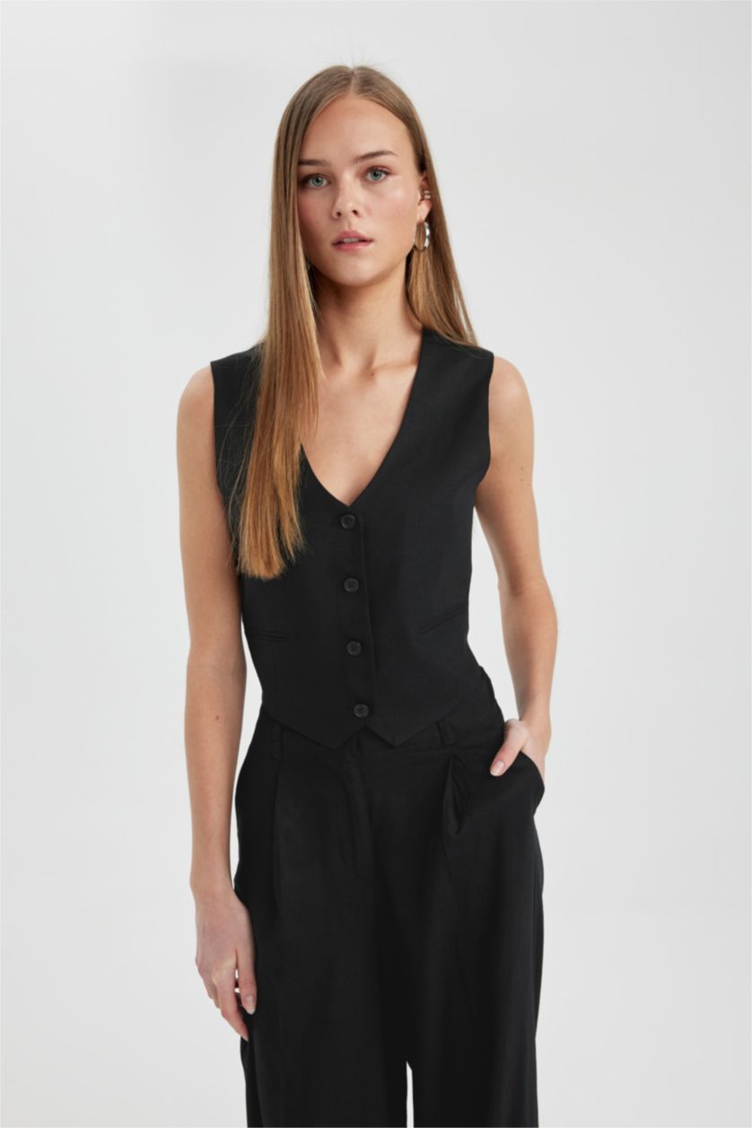 WOMAN Black Regular Fit Linen Blend Vest