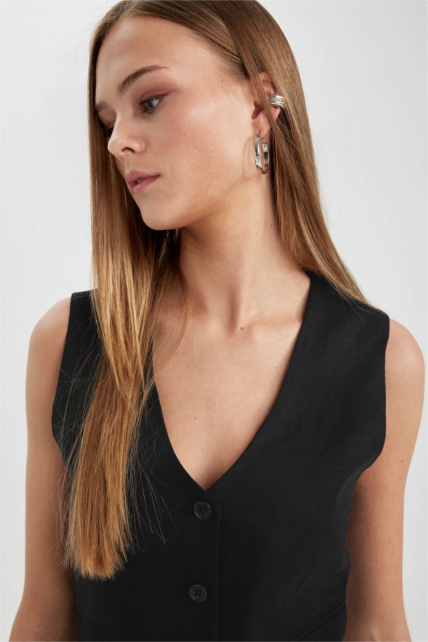 WOMAN Black Regular Fit Linen Blend Vest