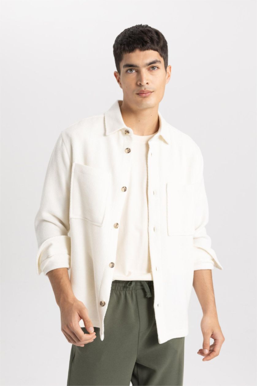 رجالي اللون الرملي قميص قطن بولو كم طويل قصة عادية