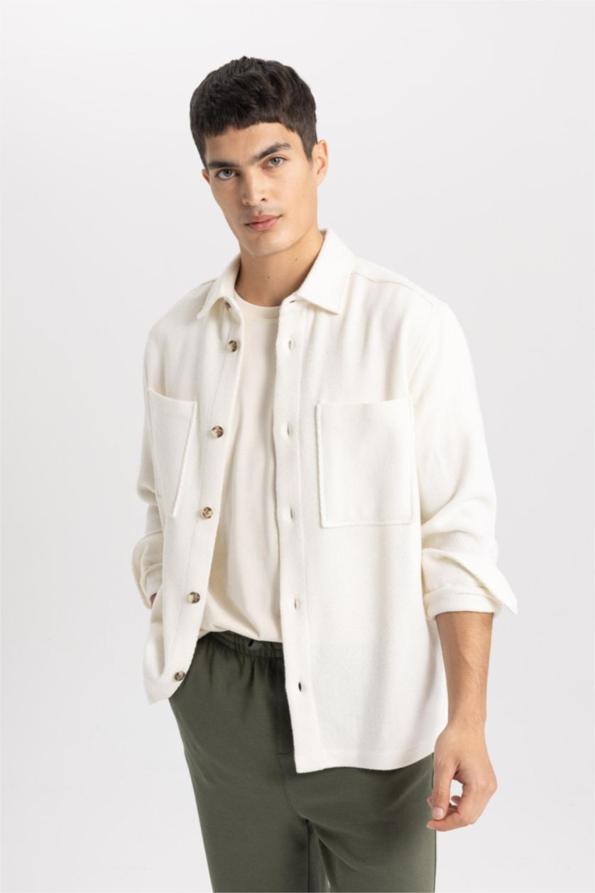 رجالي اللون الرملي قميص قطن بولو كم طويل قصة عادية