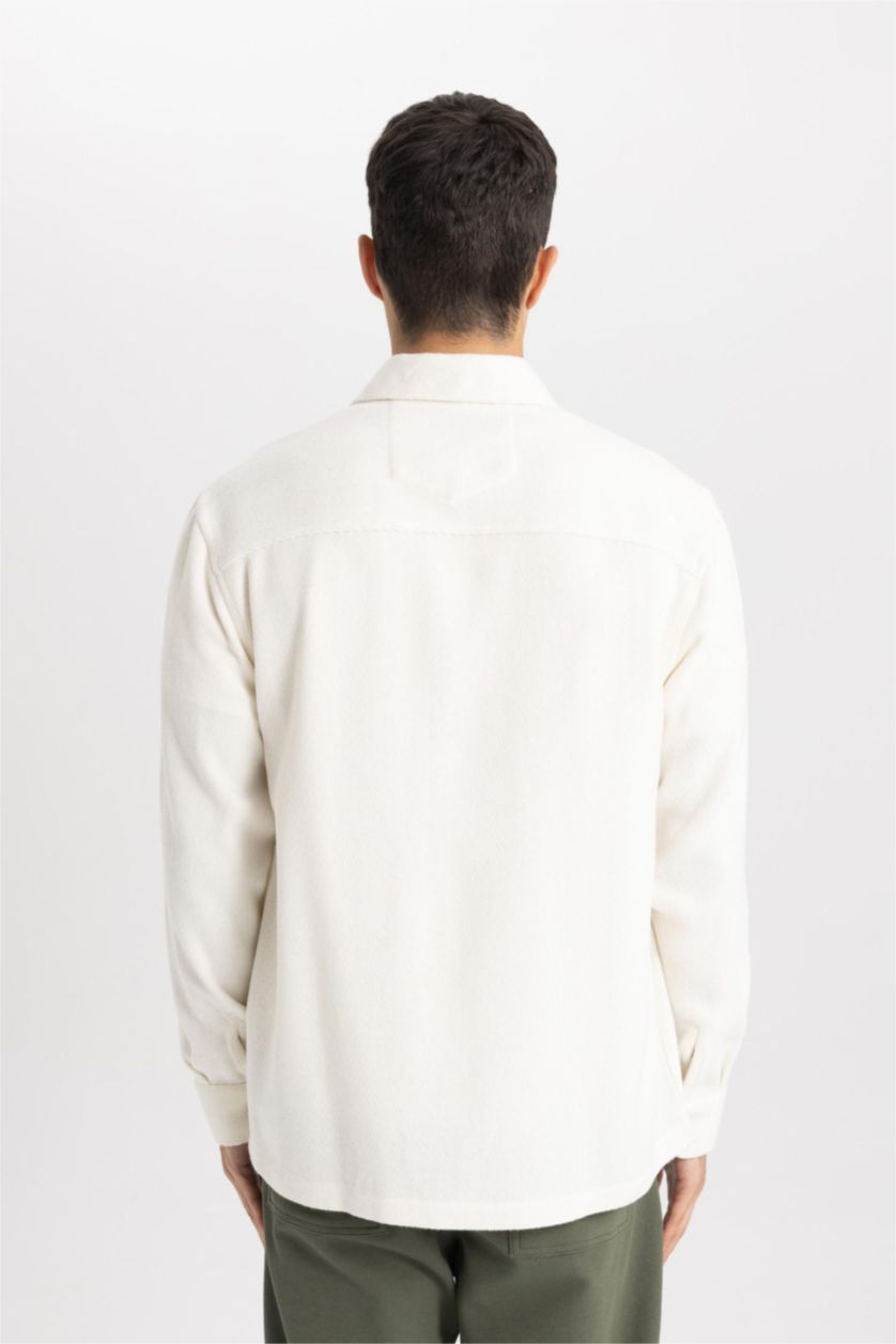 رجالي اللون الرملي قميص قطن بولو كم طويل قصة عادية