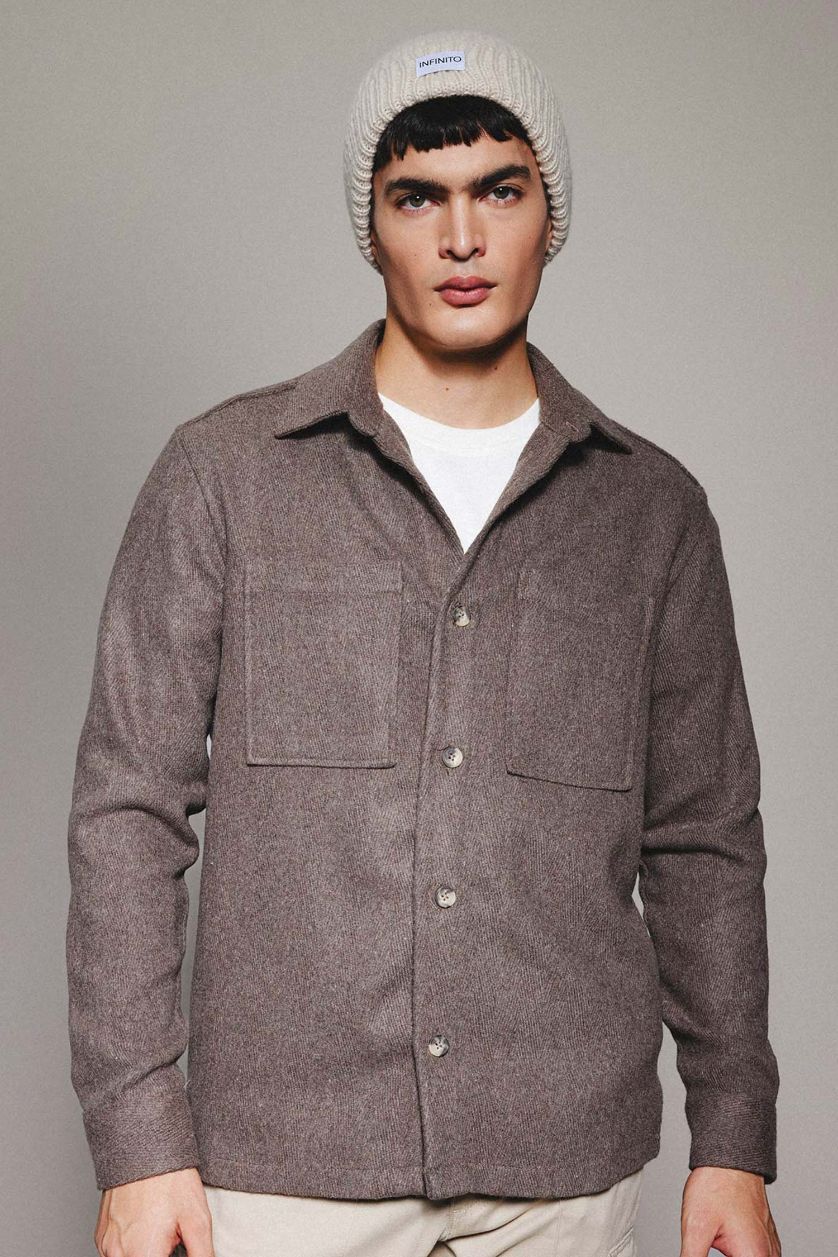 رجالي بني فاتح قميص قطن بولو كم طويل قصة عادية