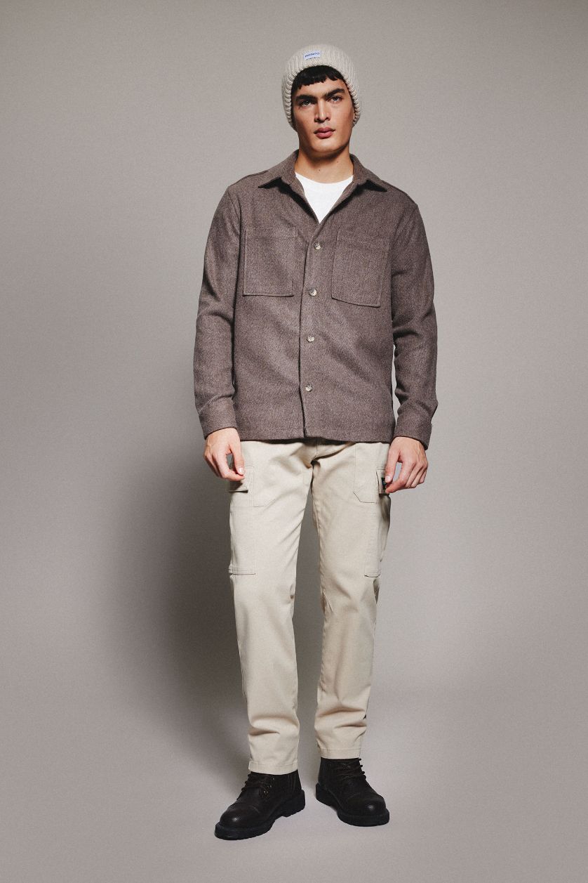 رجالي بني فاتح قميص قطن بولو كم طويل قصة عادية