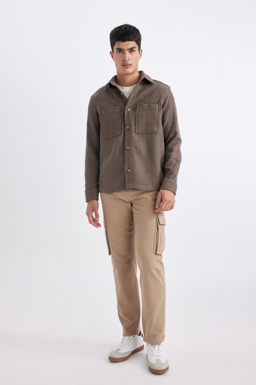 رجالي بني فاتح قميص قطن بولو كم طويل قصة عادية