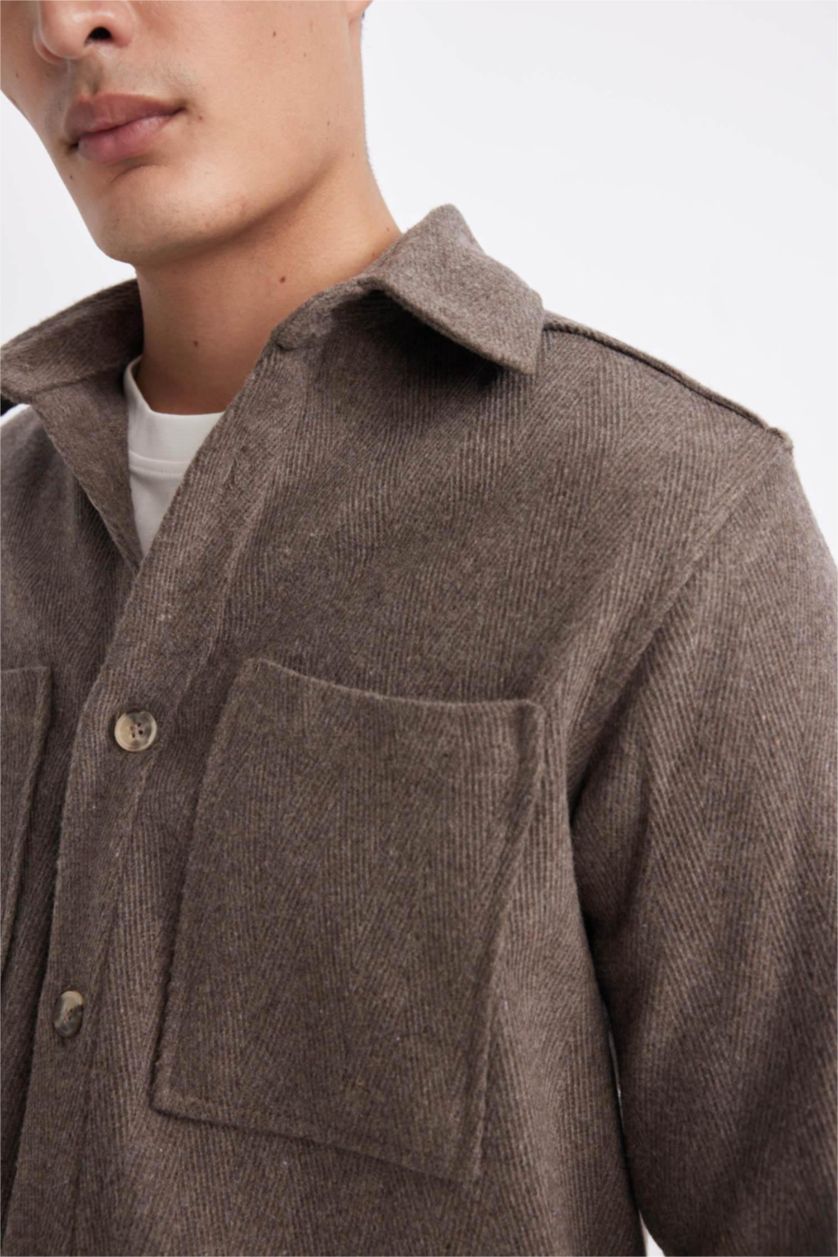 رجالي بني فاتح قميص قطن بولو كم طويل قصة عادية