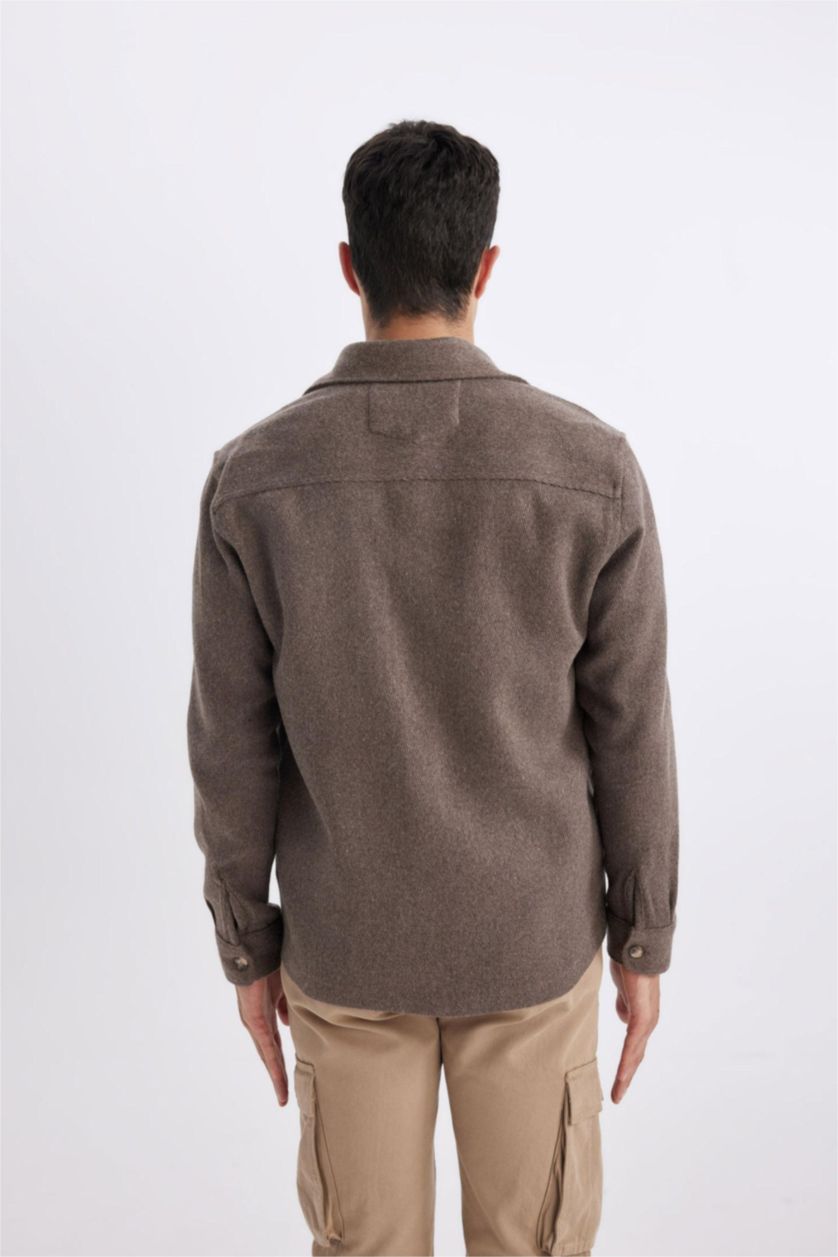 رجالي بني فاتح قميص قطن بولو كم طويل قصة عادية