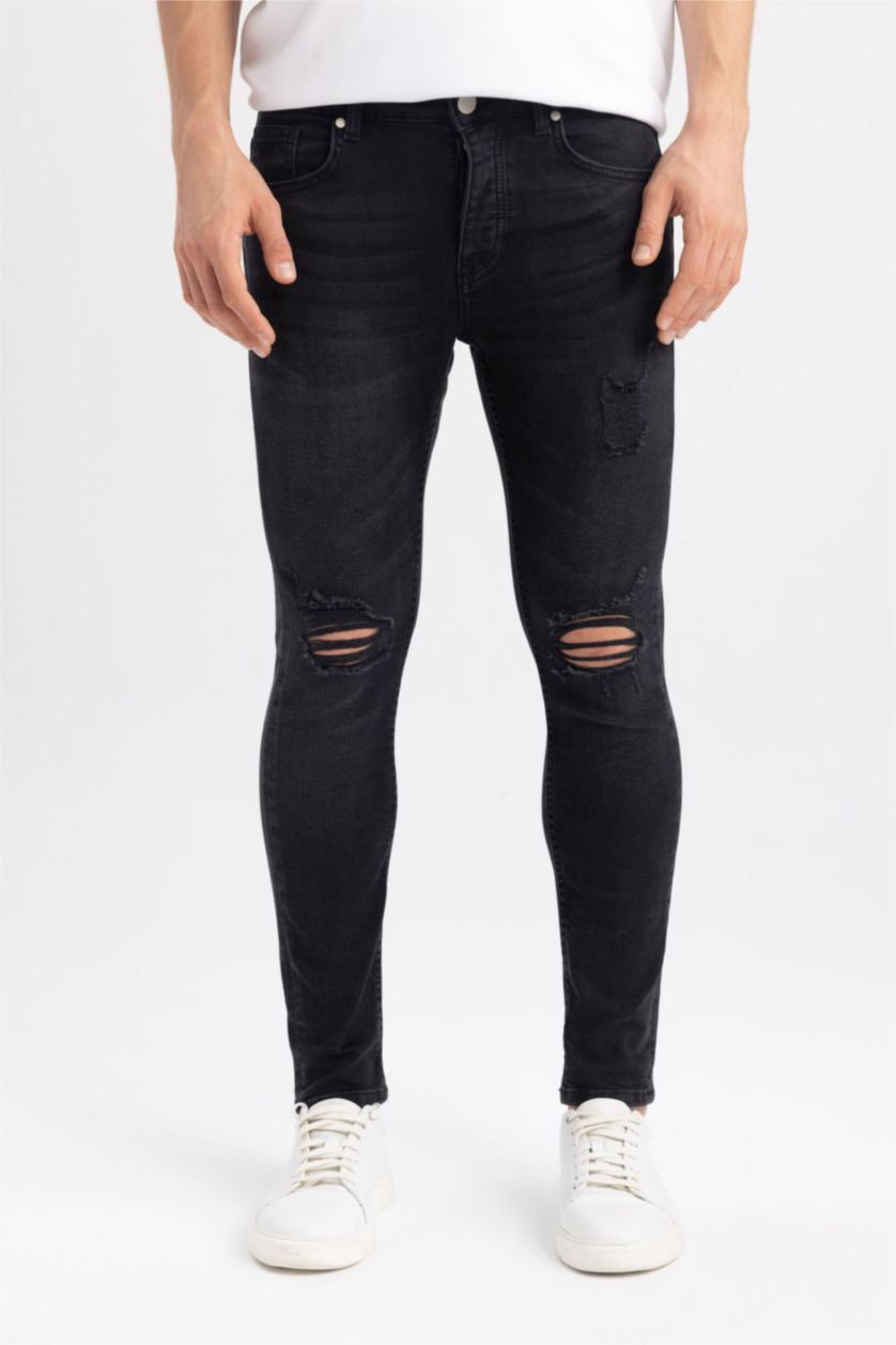 HOMME Anthracite Pantalon Jean Skinny Coupe Confort avec Détails Déchirés