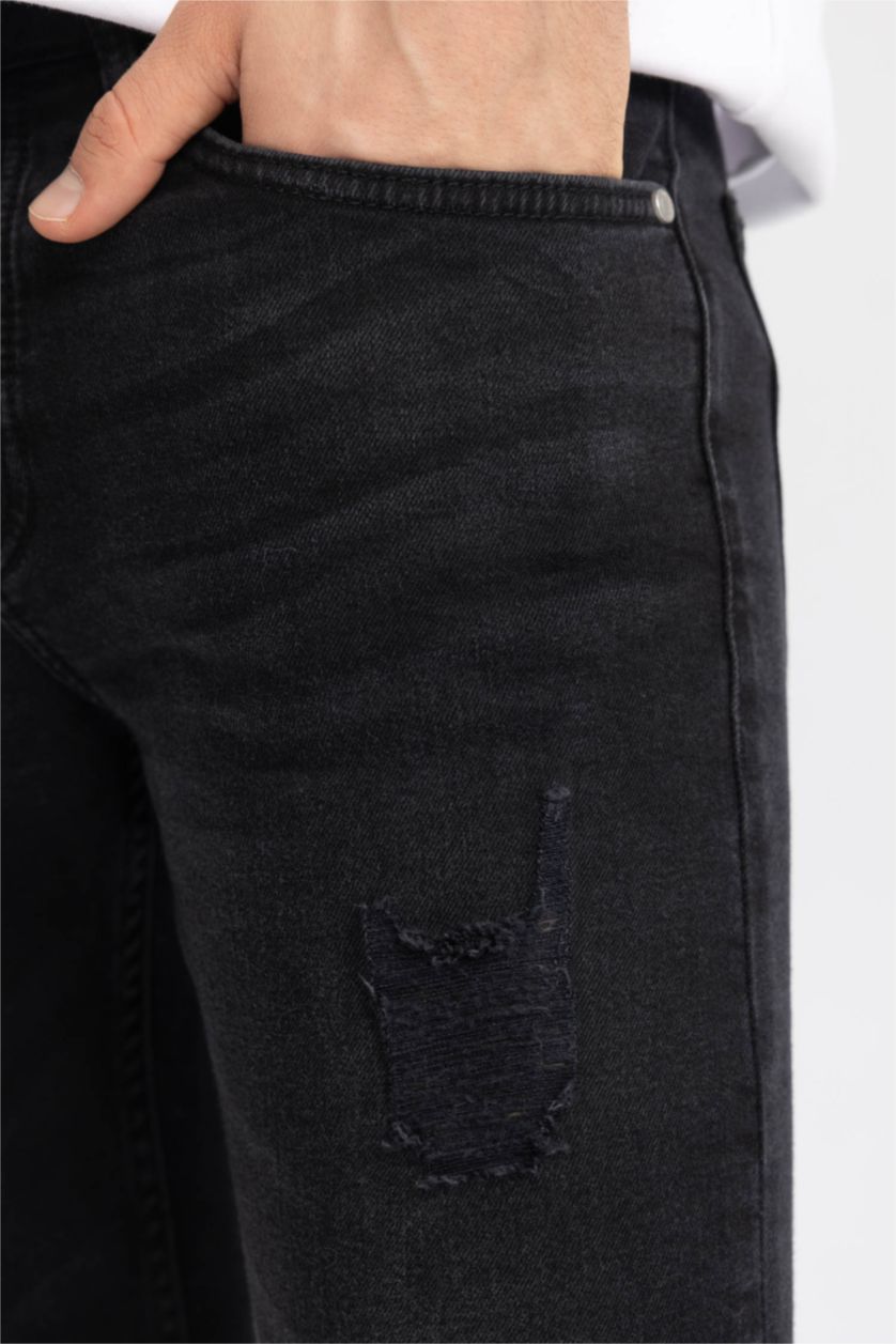 HOMME Anthracite Pantalon Jean Skinny Coupe Confort avec Détails Déchirés