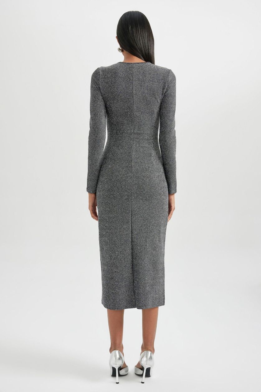 Kadın Gri Bodycon Vücudu Saran V Yaka Payetli Kumaş Midi Uzun Kollu Elbise